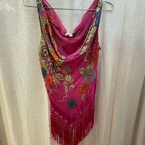 Cache Silk Blend Pink Beaded Fringe Sleeveless Drape Floral Blouse Tank Top